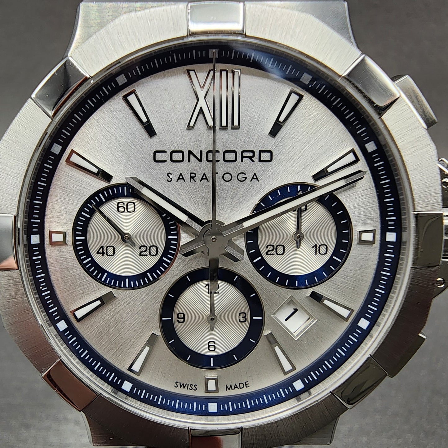 Concord Saratoga Chronograph Watch Men 43mm Silver Dial Steel Date Automatic 02.6.14.1170