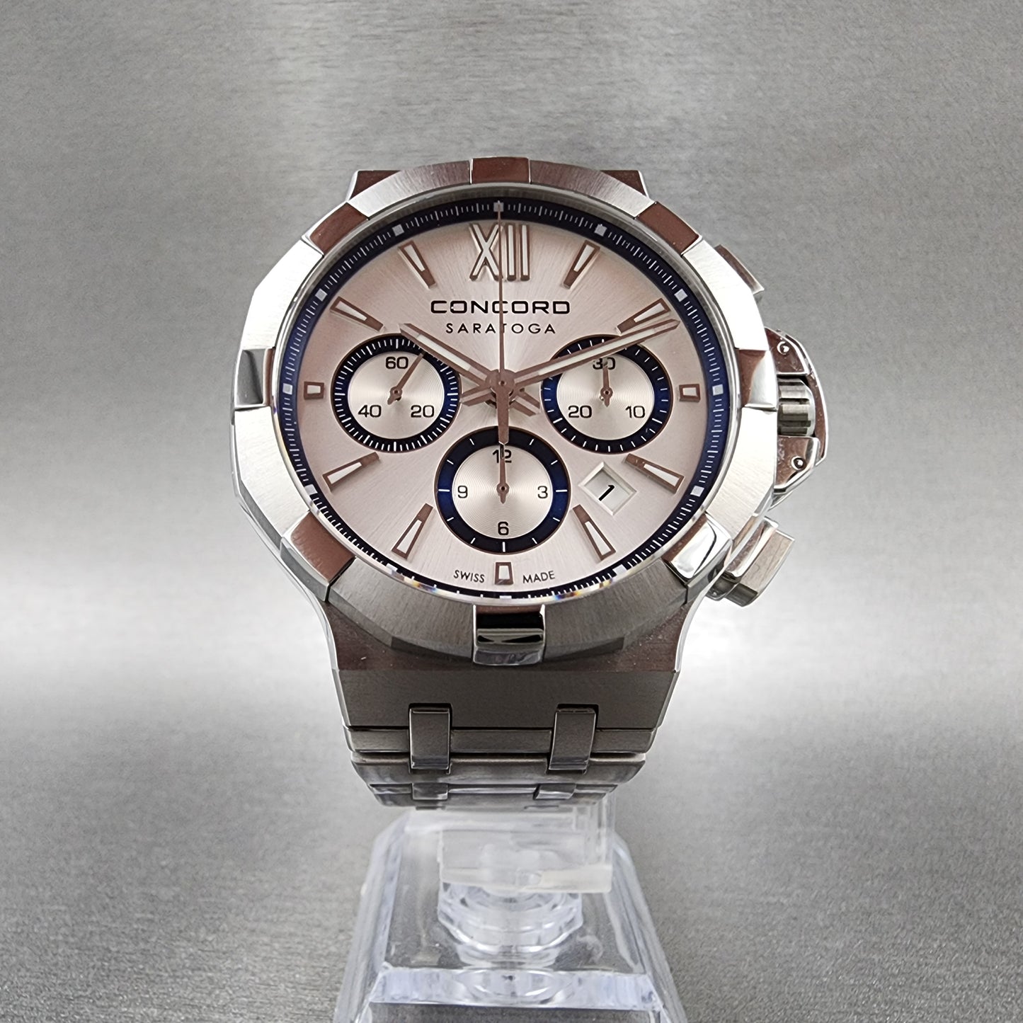 Concord Saratoga Chronograph Watch Men 43mm Silver Dial Steel Date Automatic 02.6.14.1170