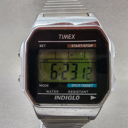 Timex Indiglo Digital Watch Men 36mm Digital Silver Tone Alarm Chrono New Batt