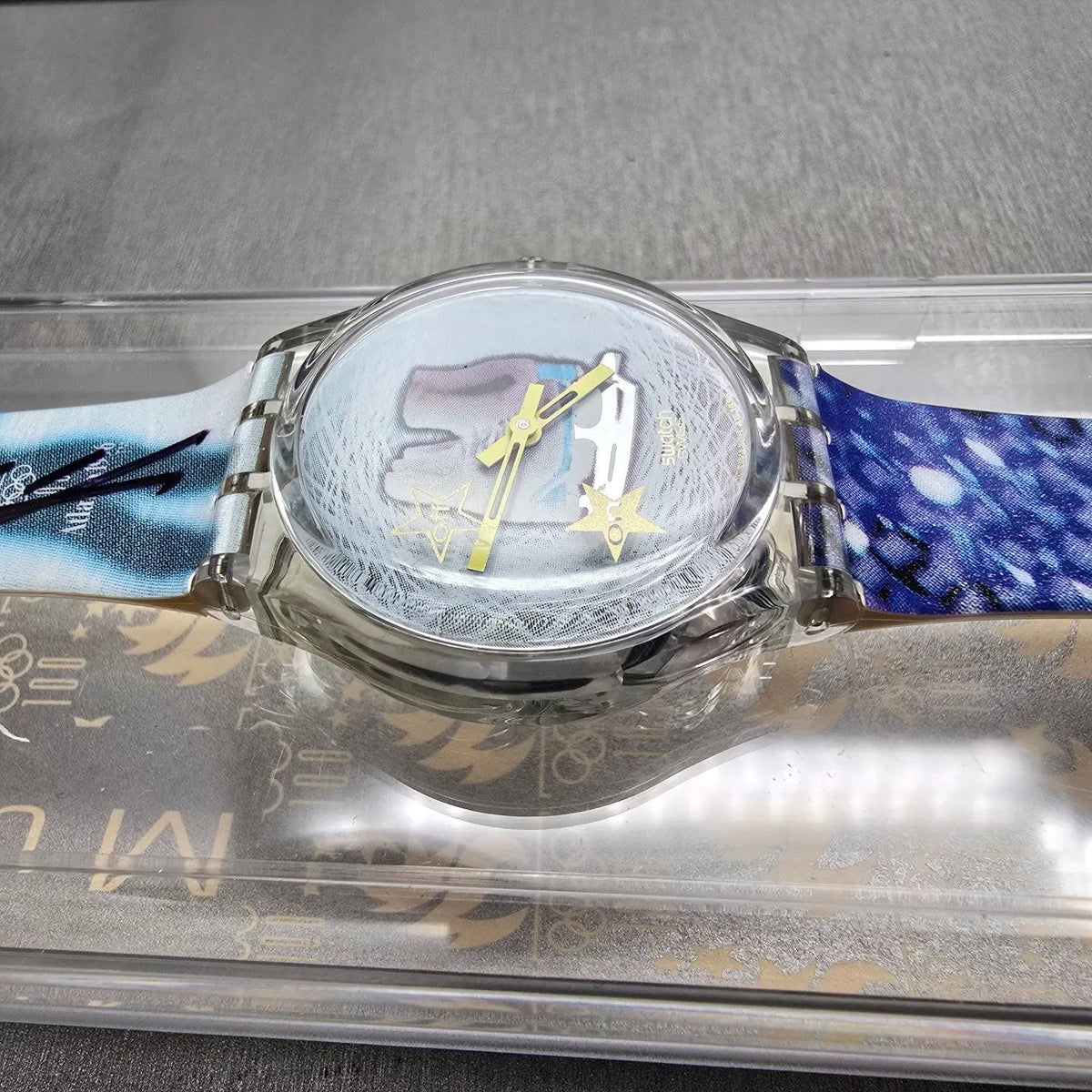 Swatch Musicall Katarina Witt Watch Woman 34mm Blue Dial Clear Case SLZ105 NOS3