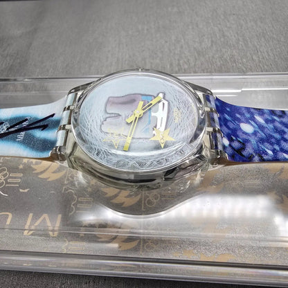 Swatch Musicall Katarina Witt Watch Woman 34mm Blue Dial Clear Case SLZ105 NOS3