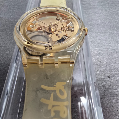 Swatch Golden Jelly Watch Men 34mm Skeleton Dial Clear Case GZ115 New Batt NOS6