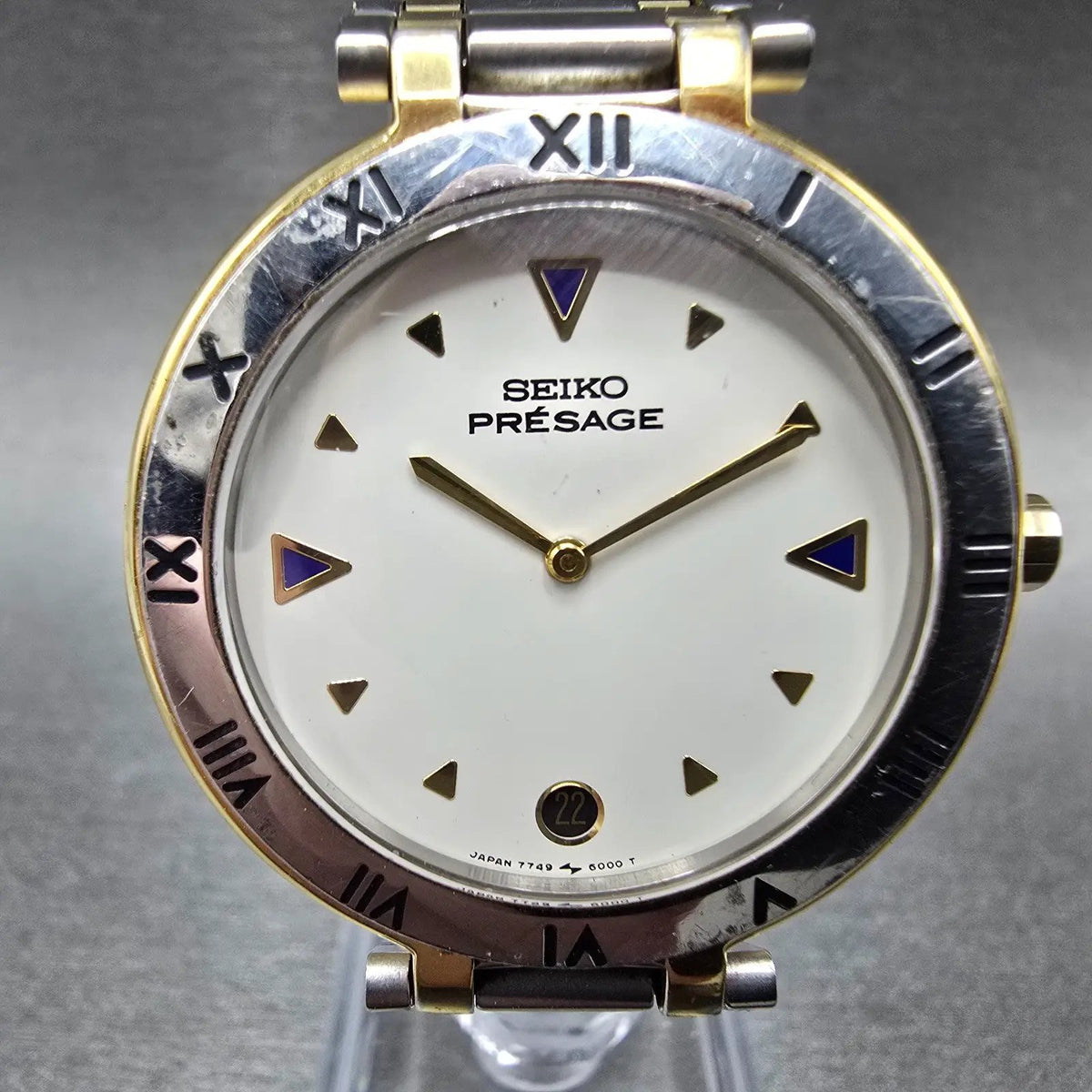 Seiko Presage Watch Men 34mm White Dial Two Tone Date Round 7749-6000 PARTS0