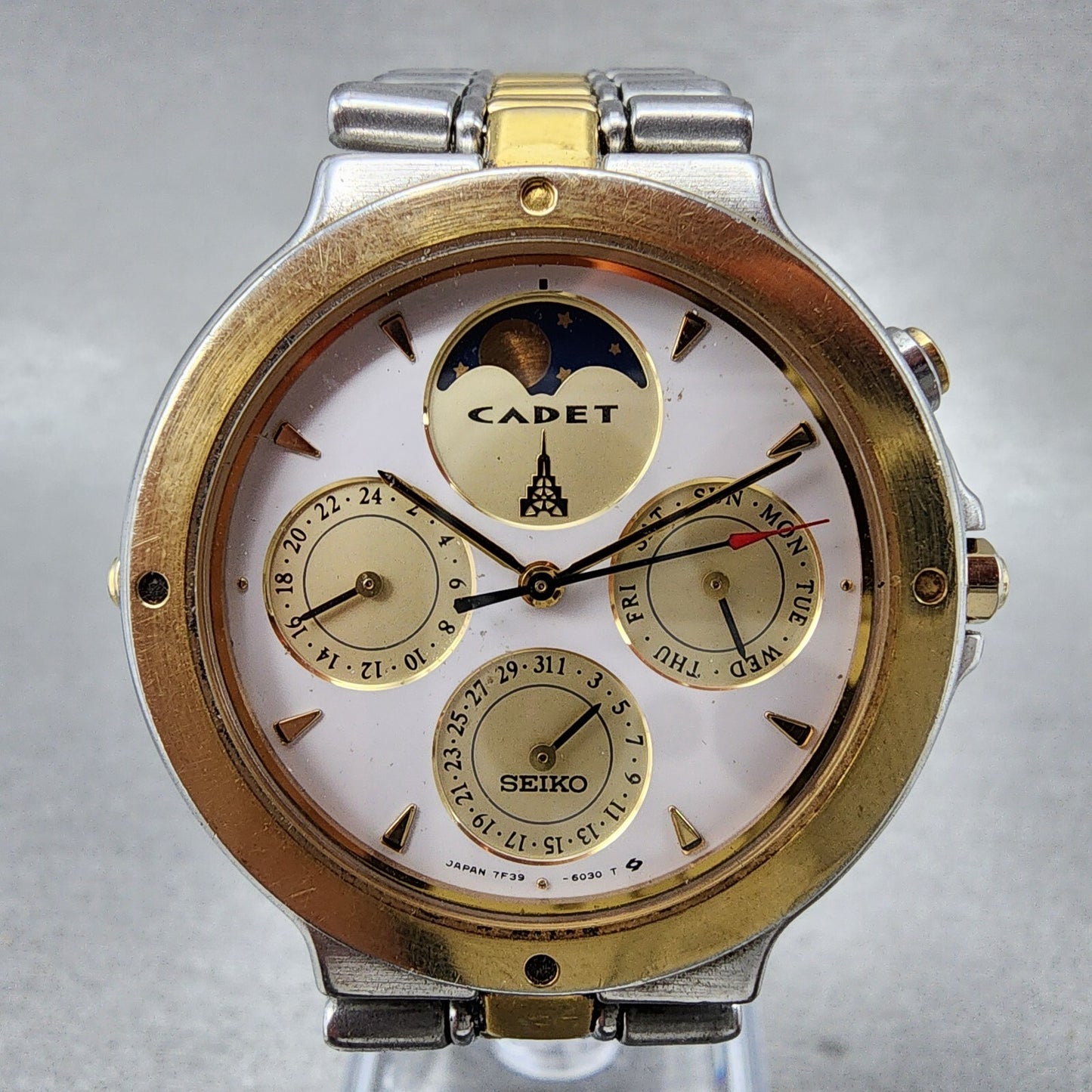 Seiko Cadet Moon Phase Watch Men 35mm White Dial Two Tone Daydate Round New Batt