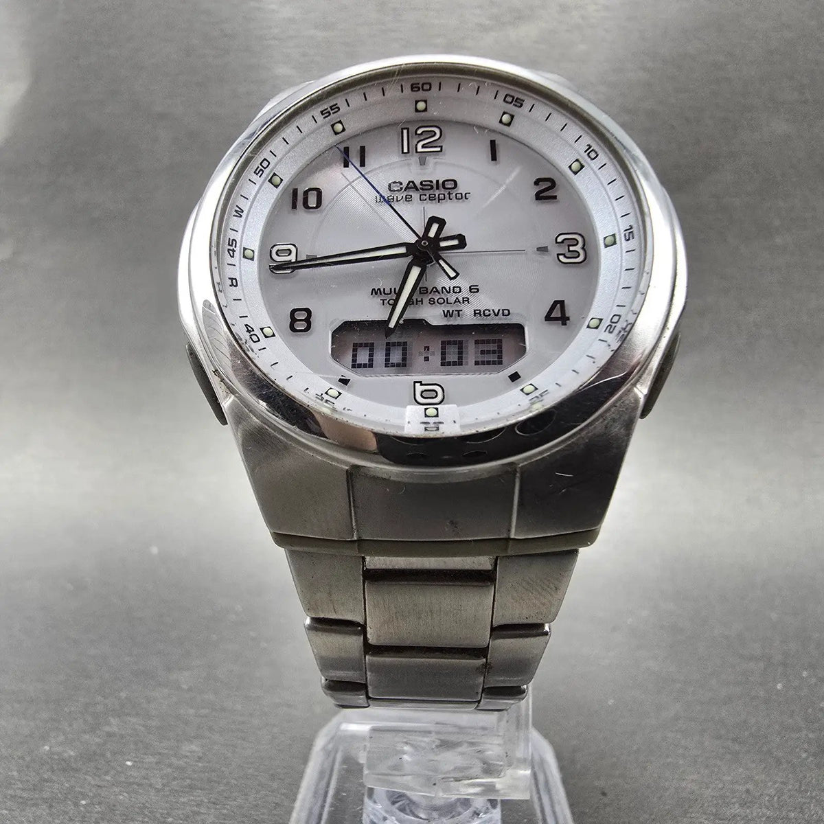 Casio Wave Ceptor Watch Men 42mm White Dial Steel Solar Analog Digital Works GTH5