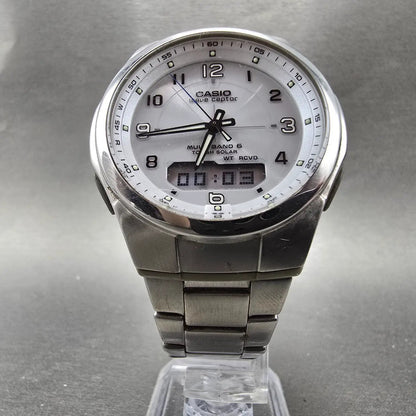 Casio Wave Ceptor Watch Men 42mm White Dial Steel Solar Analog Digital Works GTH5