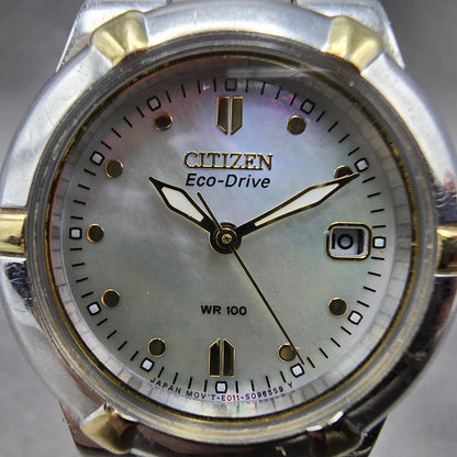 Citizen Eco-Drive Watch Women 26mm MOP Dial Two Tone Date E011-S064881 Runs1