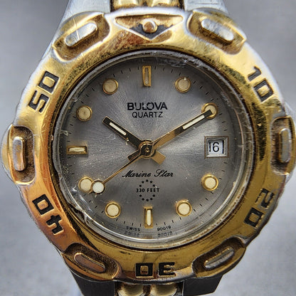 Bulova Marine Star Dive Watch Women 27mm Gray Dial Two Tone Date Round New batt1