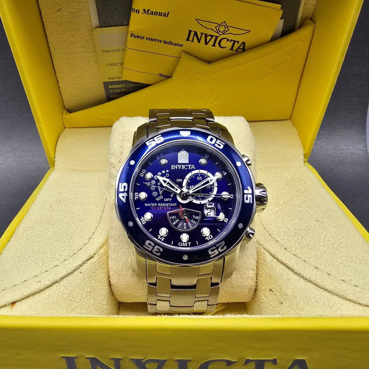 Invicta Pro Diver GMT Watch Men 48mm Blue Dial Steel Daydate Alarm 6087 NewBat0