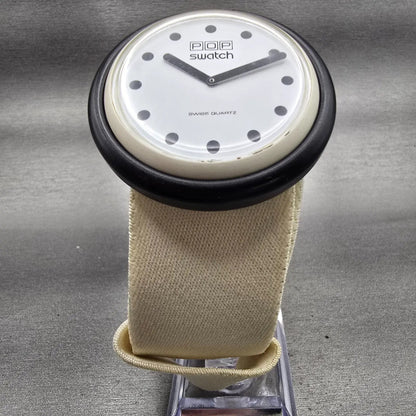 Pop Swatch Watch Watch Men White Dial White Case Round White Strap New Battery5