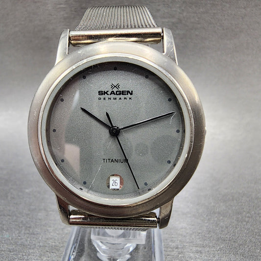 Skagen Watch Men 34mm Gray Dial Titanium Date Round Mesh Band 16LGMT NewBat A12