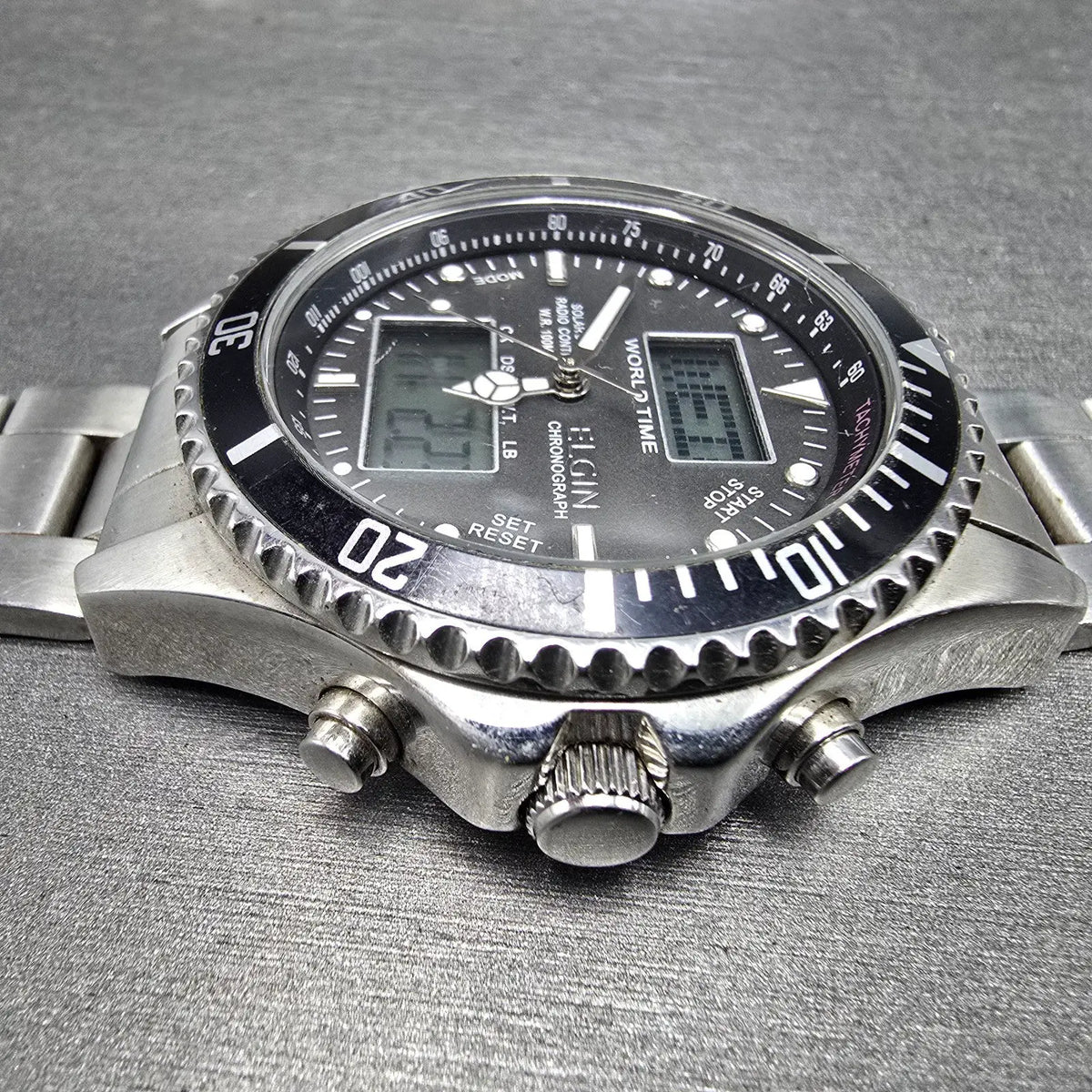Elgin Dive Watch Men 42mm Black Dial Steel Atomic Solar Analog Digital Runs READ4
