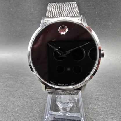 Movado Museum Watch Men 40mm Black Dial Silver Round 0607219 Mesh New Battery0