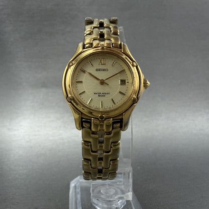 Seiko Watch Women 26mm Champagne Dial Gold Tone Date Round 7n820599 New Batt AB4