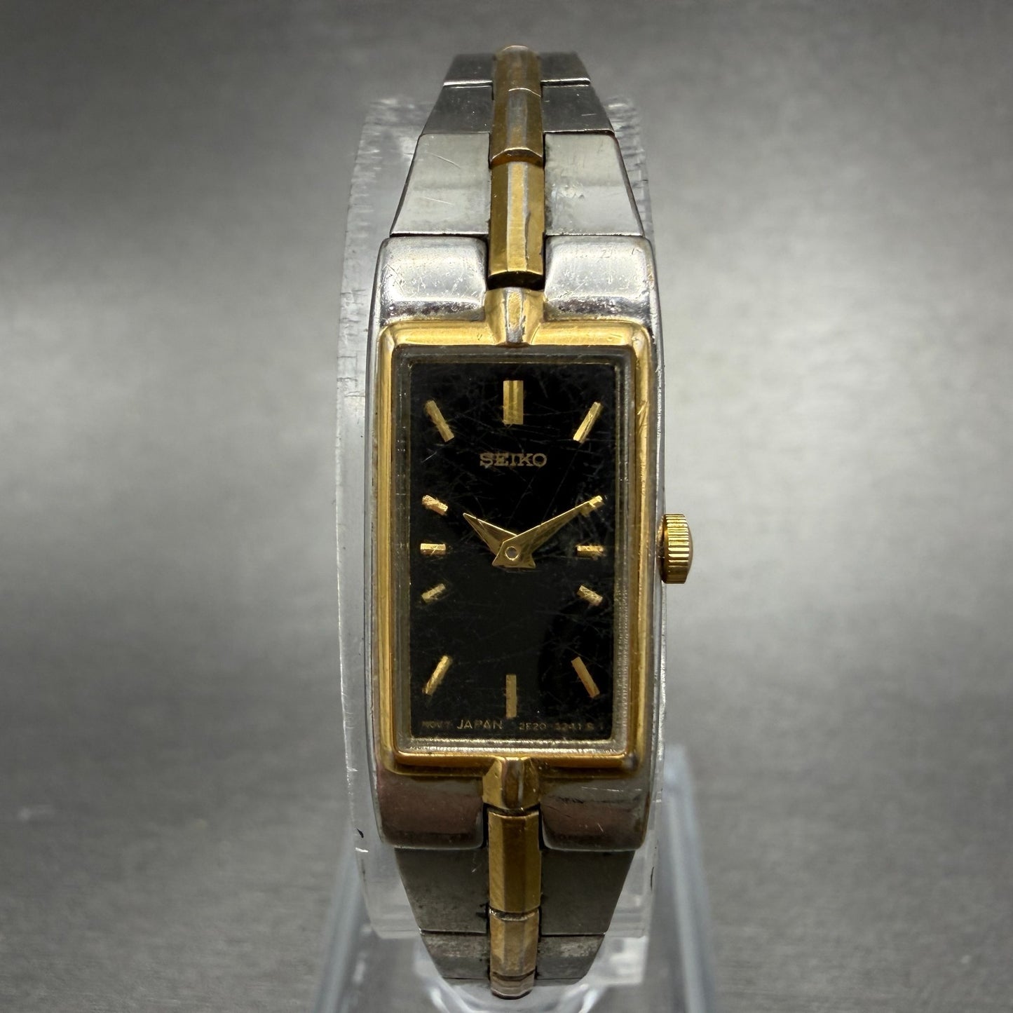 Seiko Tank Watch Women 13mm Black Dial Two Tone Rectangle 2E20-6479 New Battery0