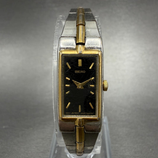 Seiko Tank Watch Women 13mm Black Dial Two Tone Rectangle 2E20-6479 New Battery0