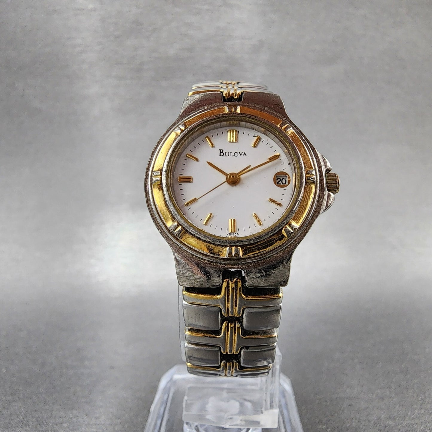 Bulova Watch Women Two Tone White Dial Date 25mm Round 98M36 New Battery5