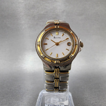 Bulova Watch Women Two Tone White Dial Date 25mm Round 98M36 New Battery5