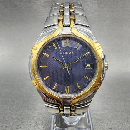 Seiko Watch Men 37mm Blue Dial Two Tone Date Round 7N42-6C10 New Battery A12
