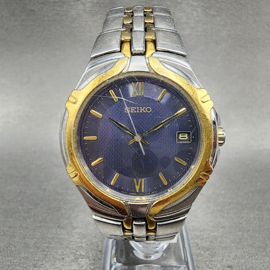 Seiko Watch Men 37mm Blue Dial Two Tone Date Round 7N42-6C10 New Battery A12