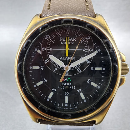 Pulsar Watch Men 38mm Black Dial Gold Tone Alarm Round Y9778A00 New Battery1