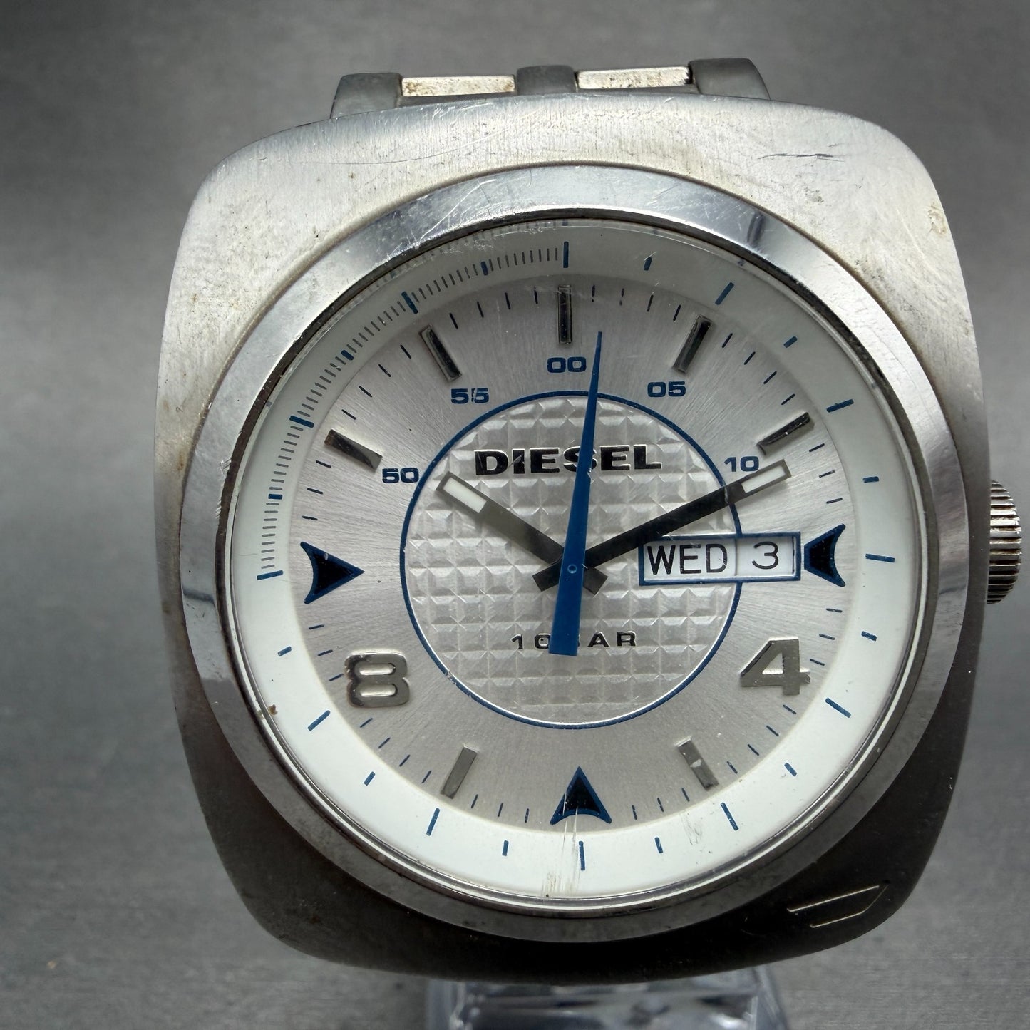 Diesel Watch Men 43mm White Dial Silver Tone Daydate Round DZ-1184 New battery0