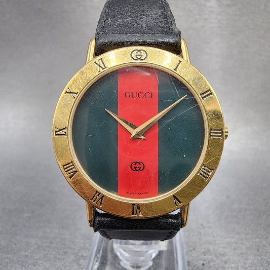 Gucci 3000M Watch Men 33mm Red Green Dial Gold Plated Round Sherry Line PARTS0