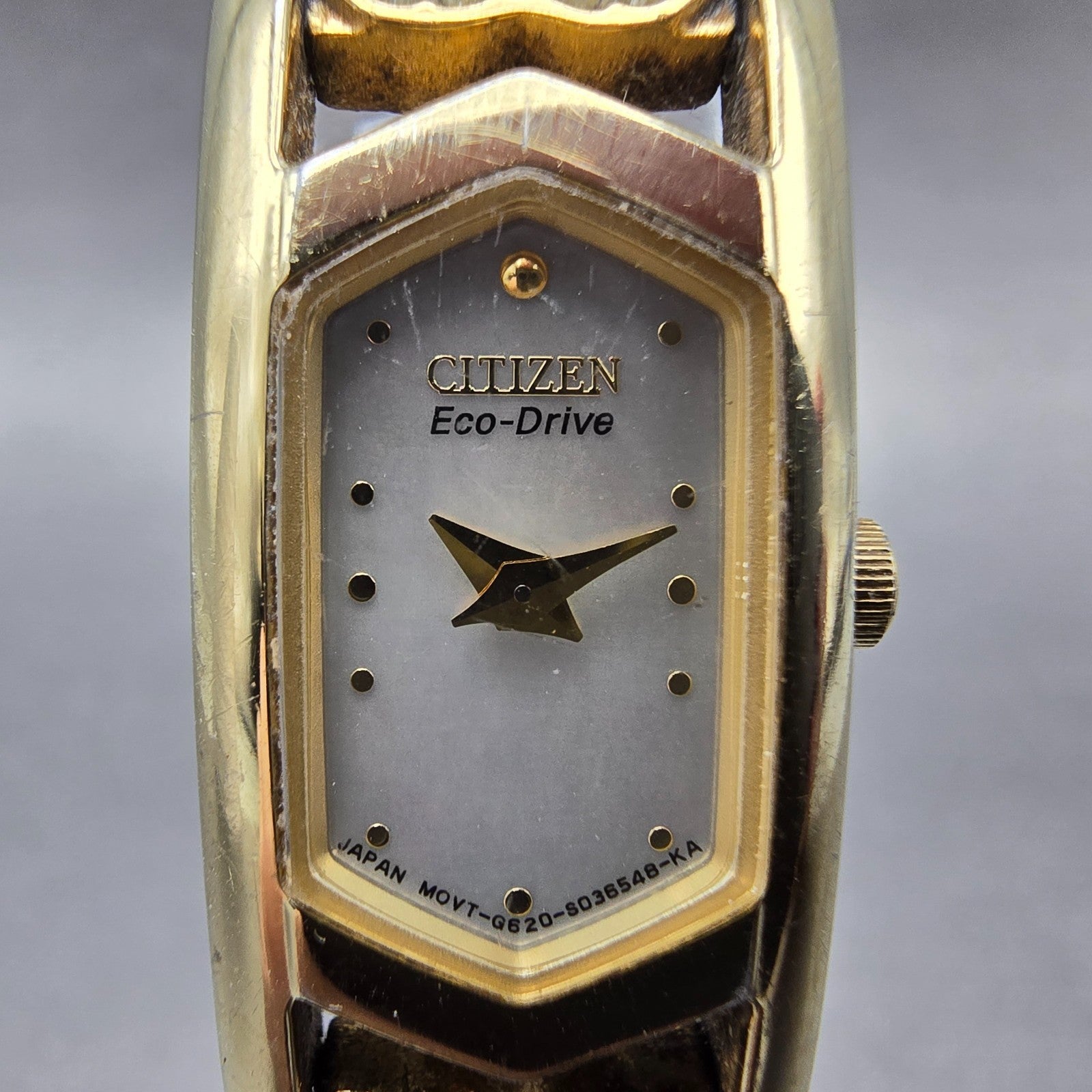 Citizen Eco-Drive Tank Heart Watch Women 15mm MOP Dial Gold Tone Rectangle Runs1