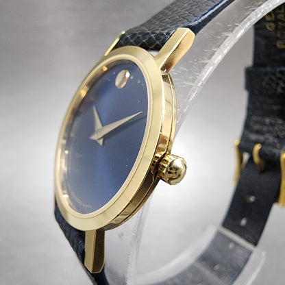 Movado Museum Watch Women 25mm Blue Dial Gold Plated Round Lizard Band New Batt