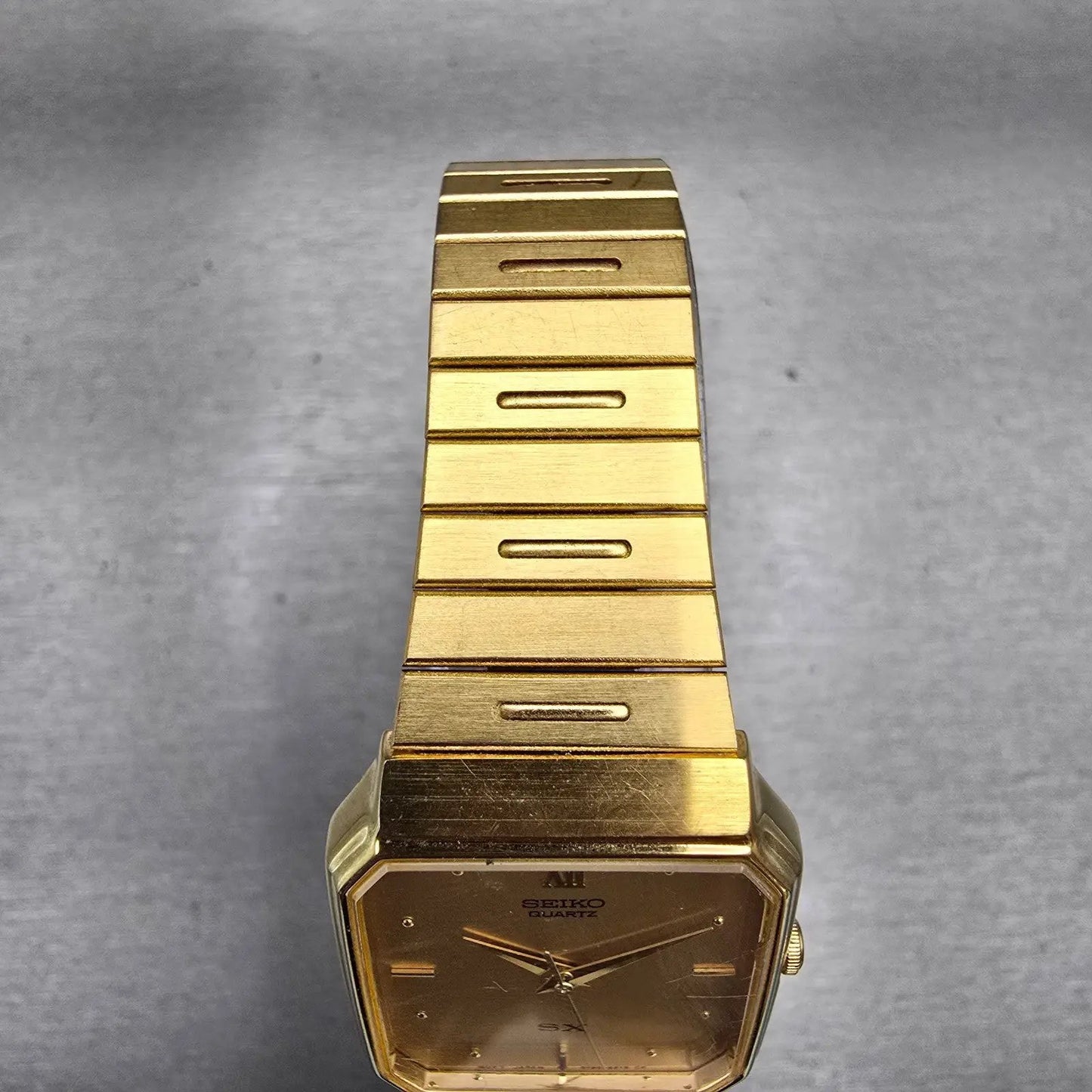 Seiko SX Watch Men 27mm Gold Dial Gold Tone Rectangle 5Y95-5020 New Battery VTG4