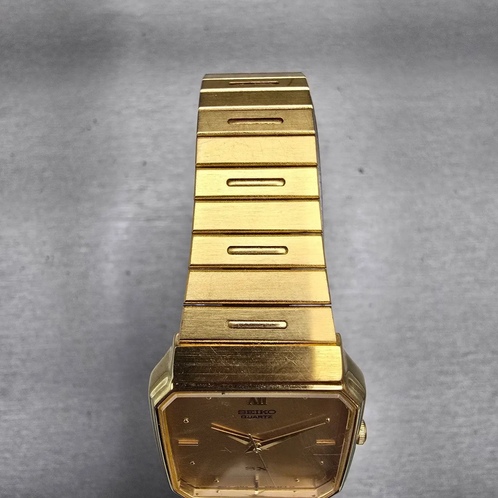 Seiko SX Watch Men 27mm Gold Dial Gold Tone Rectangle 5Y95-5020 New Battery VTG4