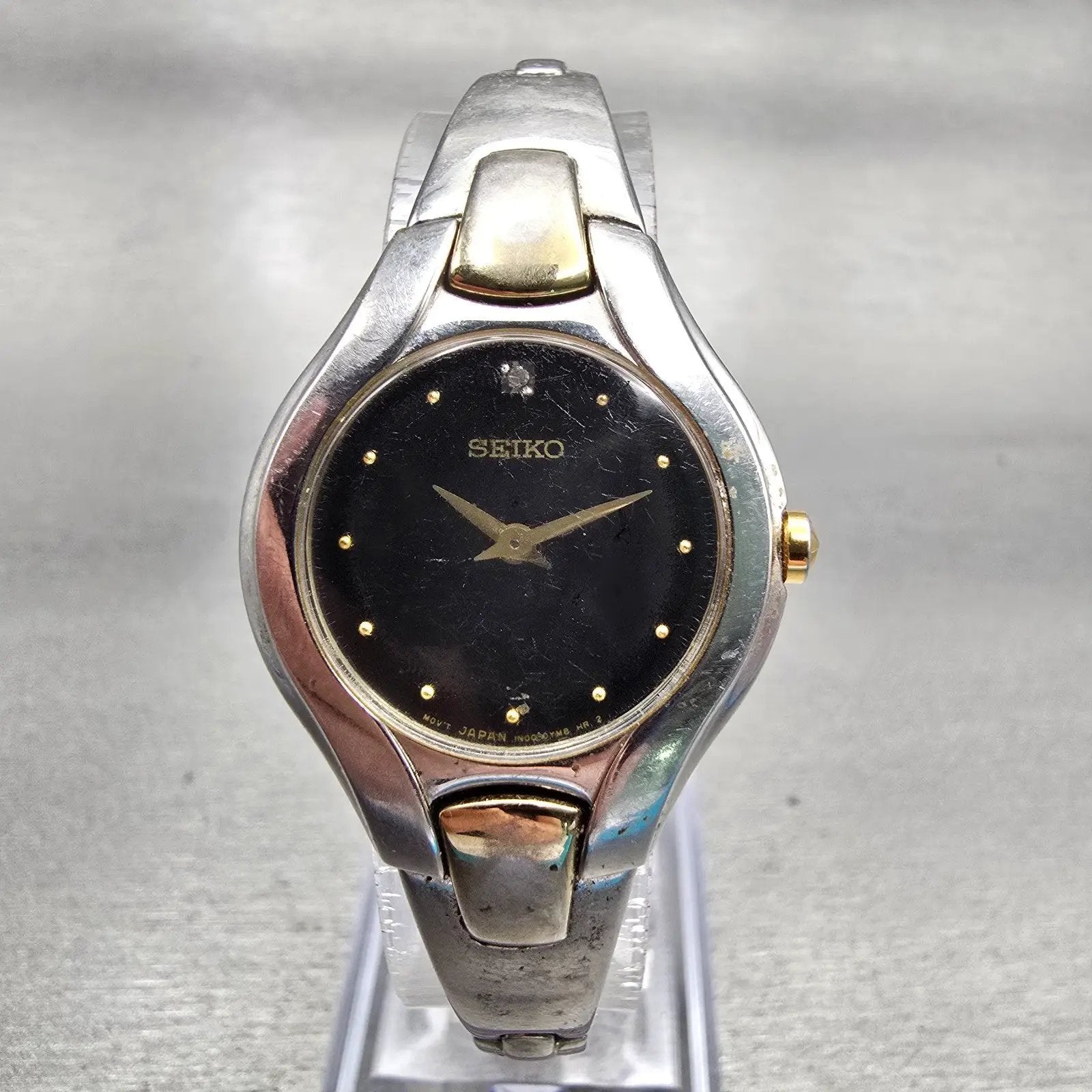 Seiko Watch Women 25mm Black Dial Two Tone Round 1N00-0RC0 New Battery VTG0