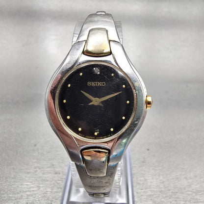 Seiko Watch Women 25mm Black Dial Two Tone Round 1N00-0RC0 New Battery VTG0