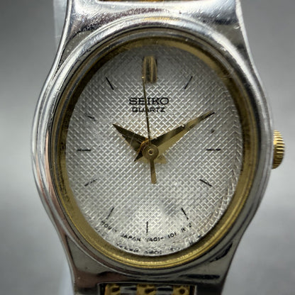 Seiko Watch Women 18mm White Dial Two Tone Oval V401-5228 New Battery Vintage AB1