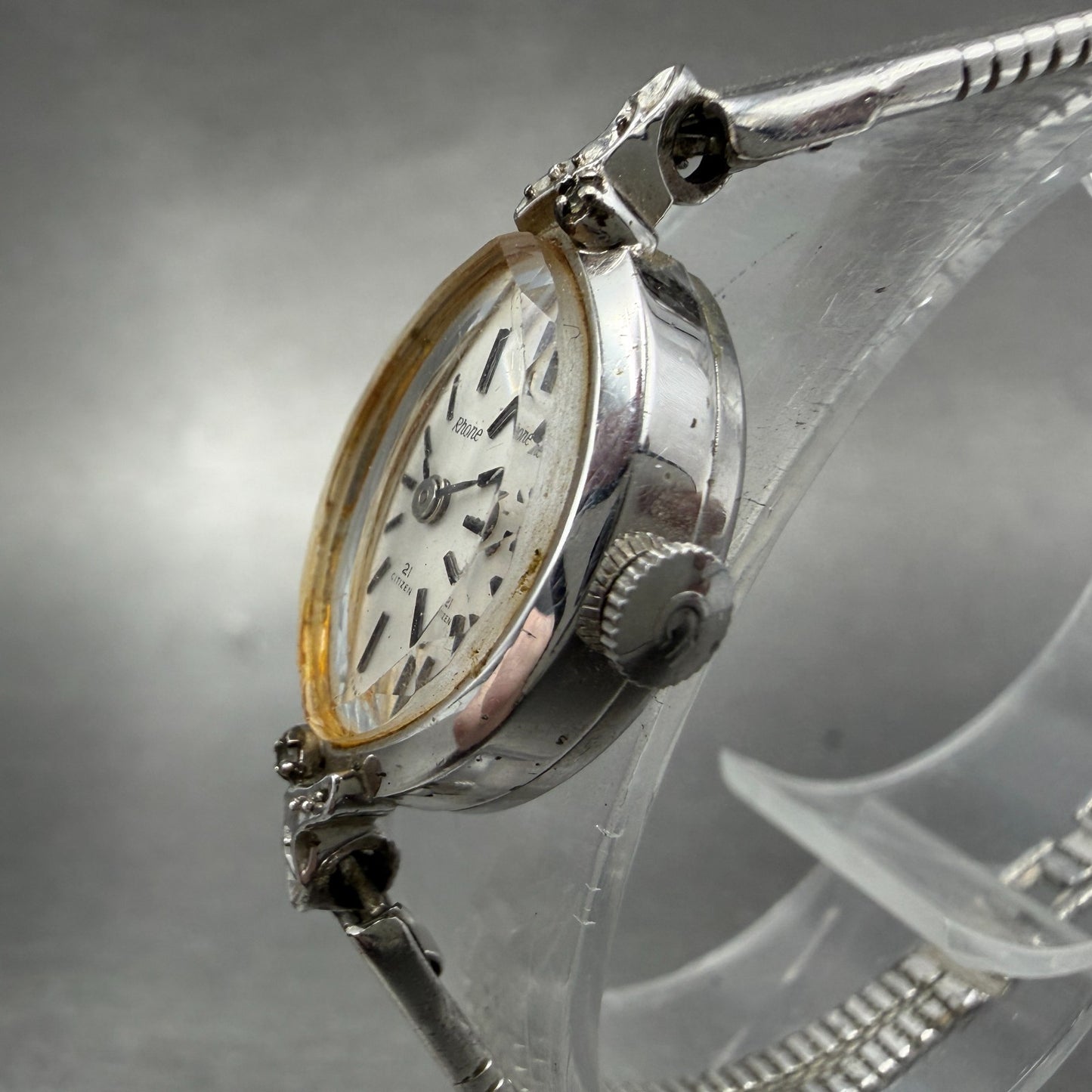 Citizen Rhone Watch Women 15mm Silver Dial White Gold Plated Oval Manual Runs AB2
