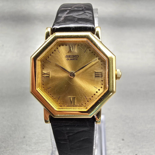 Seiko Watch Women 23mm Gold Dial Gold Tone Octagon 1N00-5D99 New Battery Vintage0