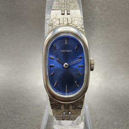 Seiko Watch Women 16mm Blue Dial Silver Tone Oval Manual Wind 118309 Runs VTG0