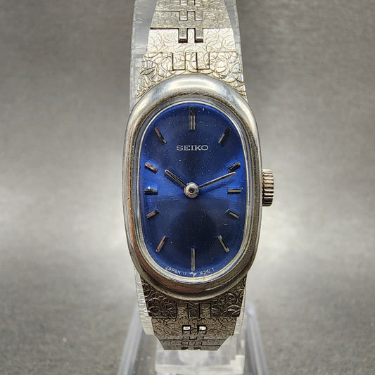 Seiko Watch Women 16mm Blue Dial Silver Tone Oval Manual Wind 118309 Runs VTG0
