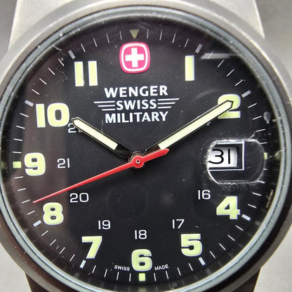 Wenger Swiss Military Watch Men 41mm Black Dial Steel Date Round 7290X New BattH1