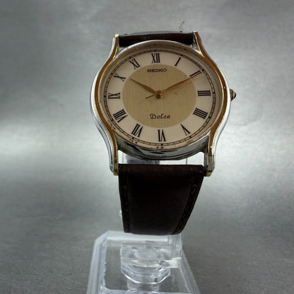 Seiko Dolce Watch Men 32mm Champagne Dial Gold Tone Round 7741-6030 New Battery55