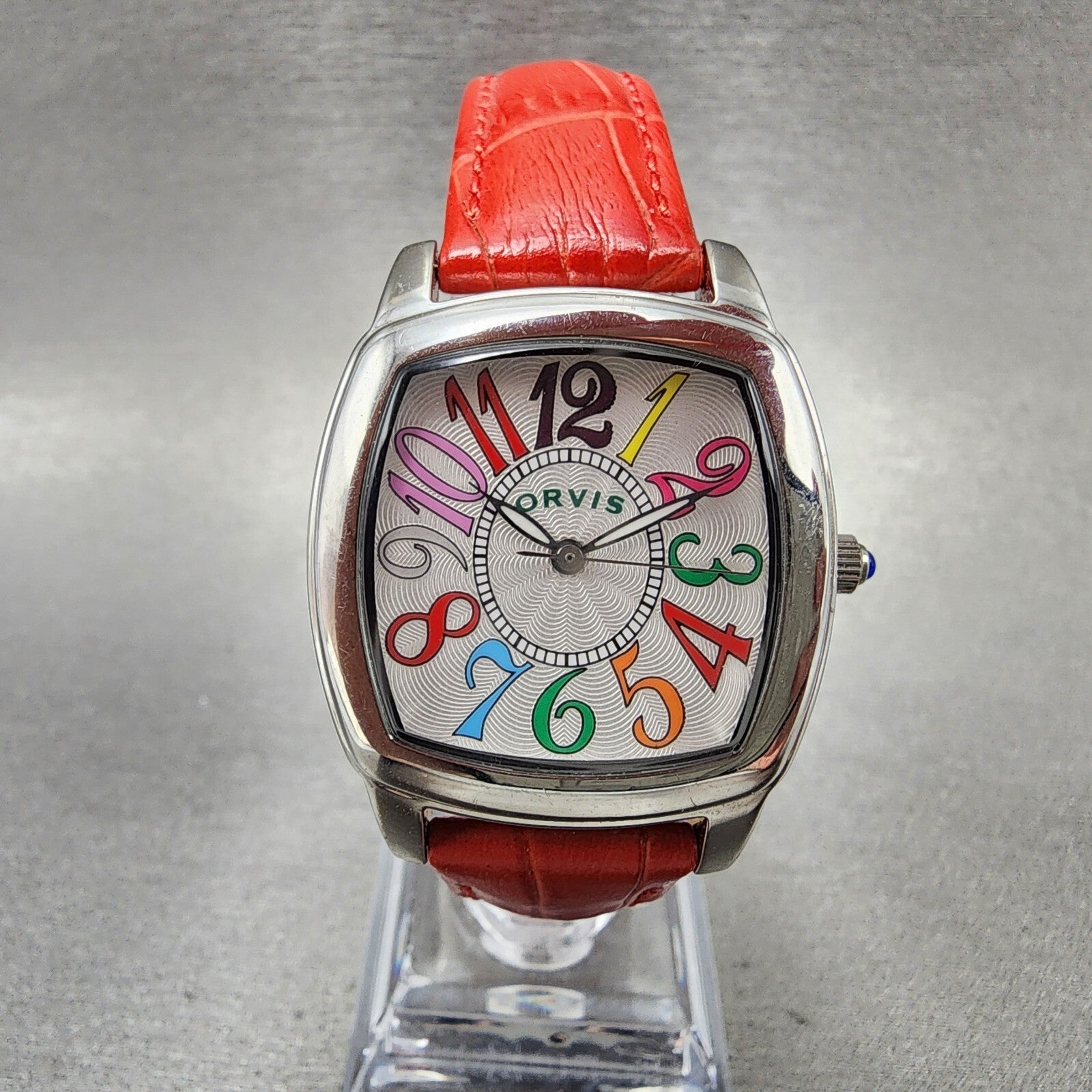 Orvis Watch Women 30mm Silver Dial Silver Tone Rectangle Red Band New Battery0