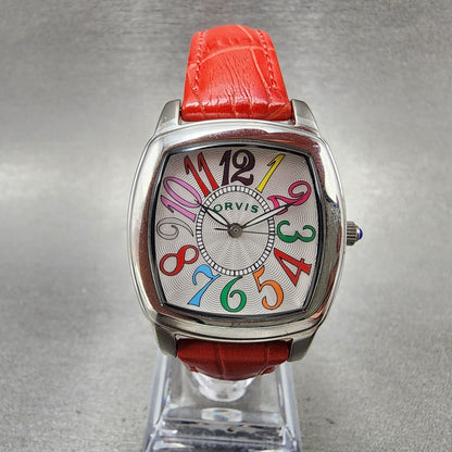 Orvis Watch Women 30mm Silver Dial Silver Tone Rectangle Red Band New Battery0