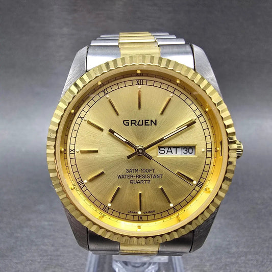Greun President Watch Men 36mm Gold Dial Two Tone Daydate Round New Battery0