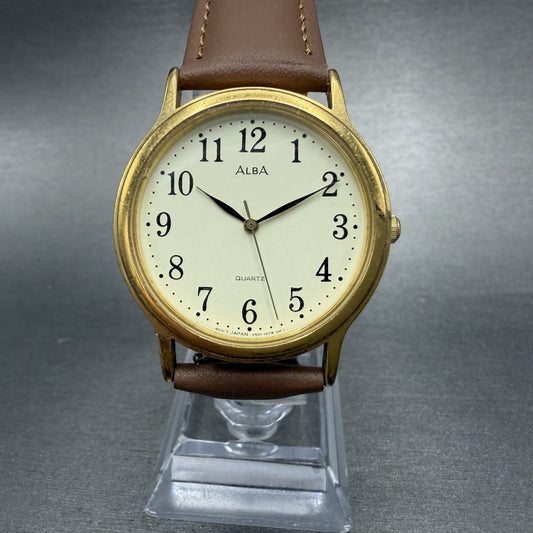 Seiko Alba Watch Men 33mm White Dial Gold Tone Round V501-6K80 New Battery0