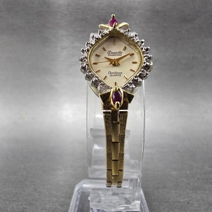 Armitron Deauville Diamond Watch Women 15mm Gold Dial Gold Ruby Oval New Battery5