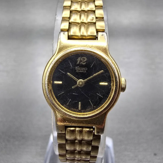 Seiko Watch Women 19mm Black Dial Gold Tone Round V401-0988 New Battery Vintage0