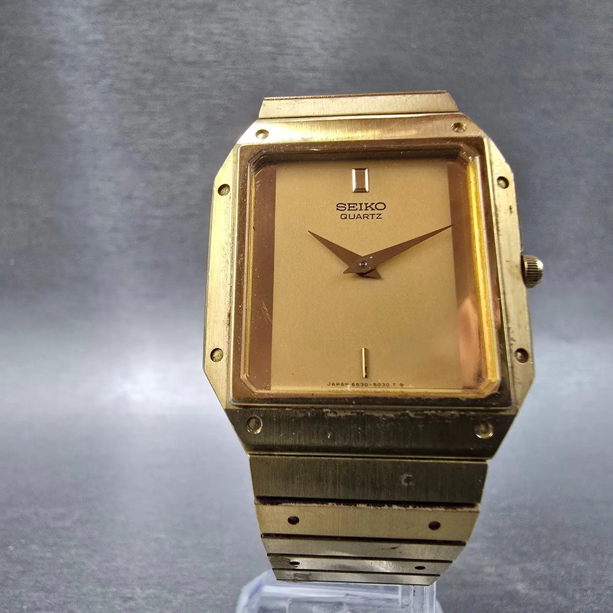Seiko Tank Watch Men 29mm Gold Dial Gold Tone Rectangle 6530-5010 VTG PARTS6