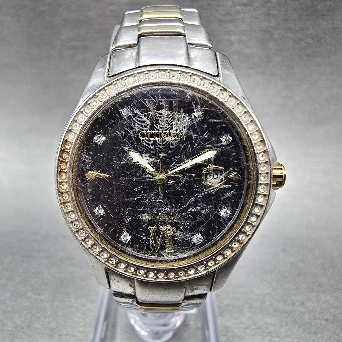 Citizen Eco-Drive Silhouette Crystal Watch Women 30mm Black Dial Two Tone Date0