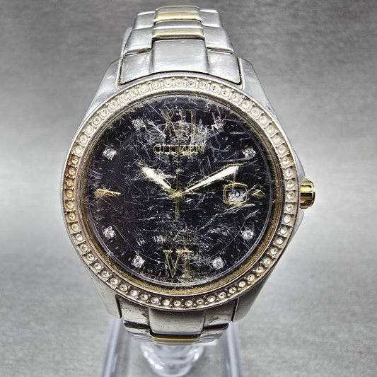 Citizen Eco-Drive Silhouette Crystal Watch Women 30mm Black Dial Two Tone Date0