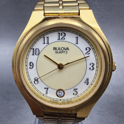 Bulova Watch Men 32mm White Dial Gold Tone Date Round 92B72 New Batt NOS4